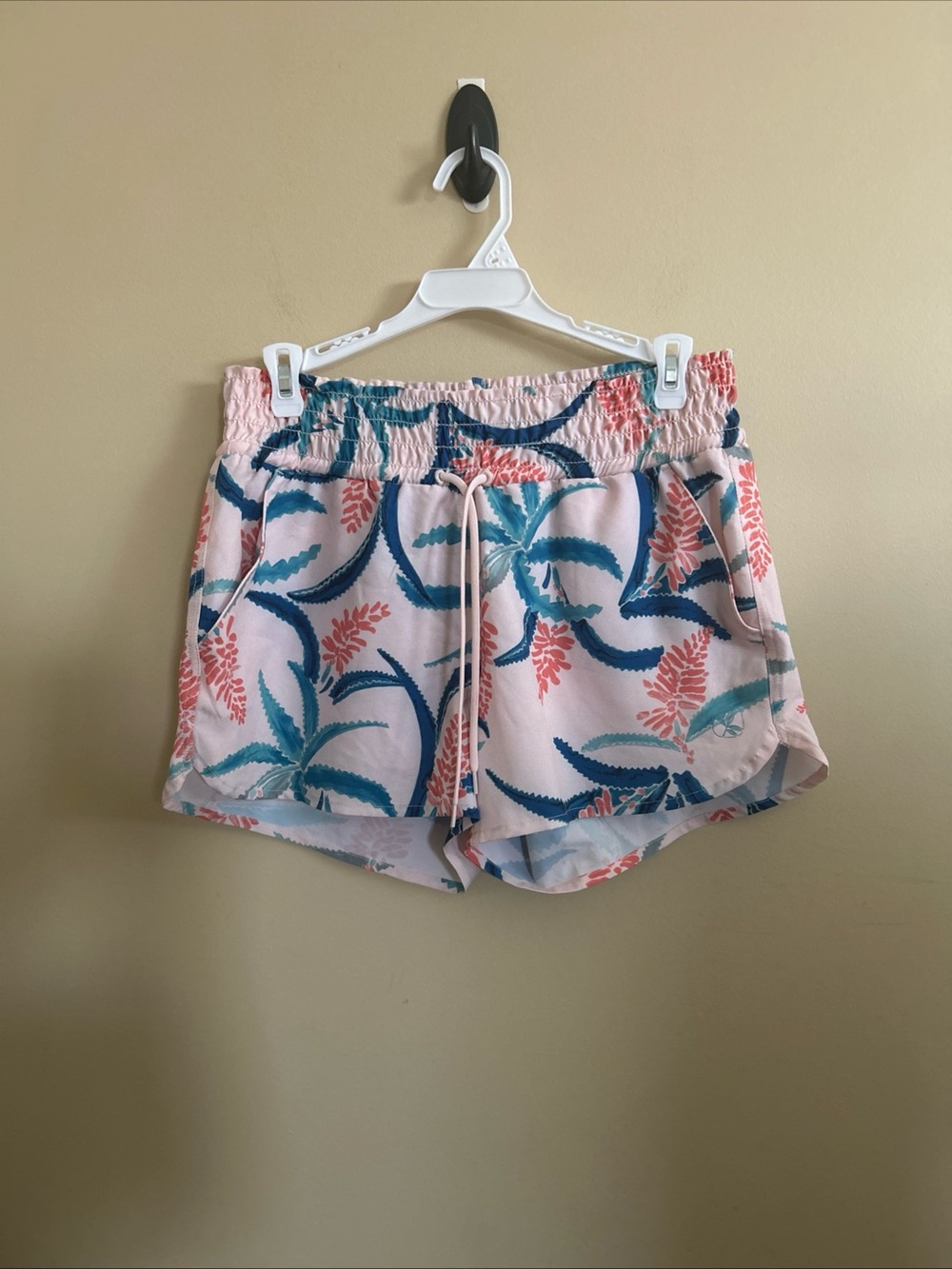 Women's Pink Floral Print Drawstring Swim Coverup Shorts Vacation/Summer/Beach